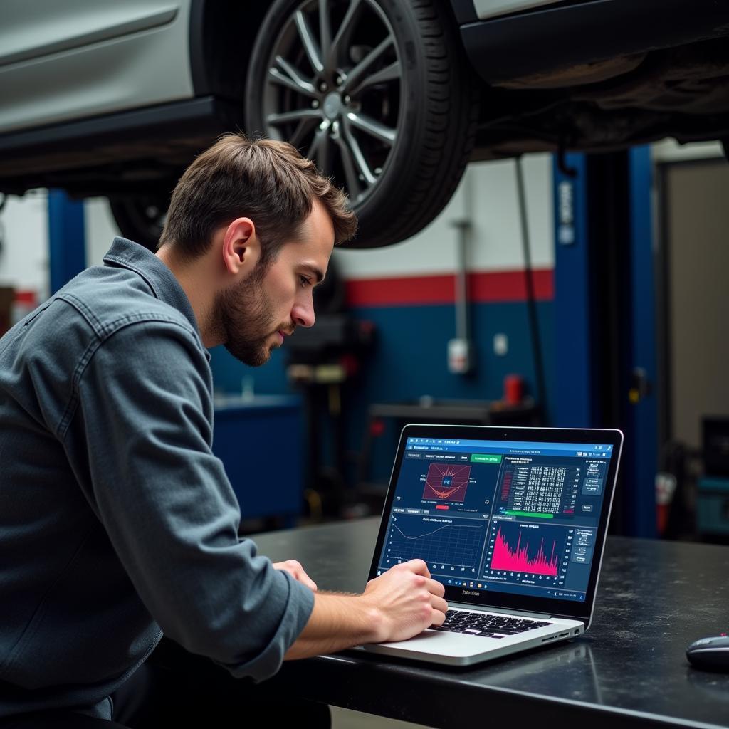 Mechanic using a laptop with diagnostic software to analyze car data