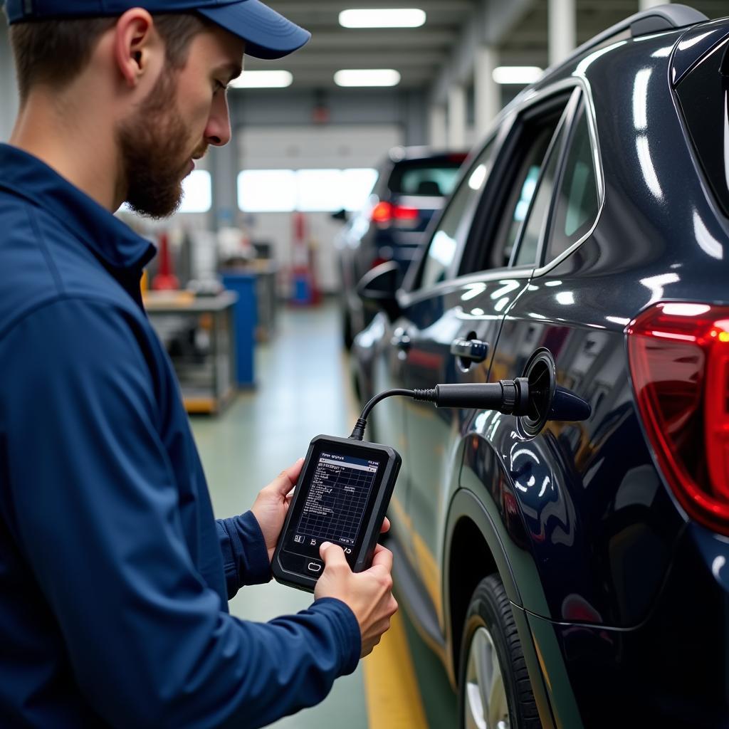 Mechanic using a modern car diagnostic tool