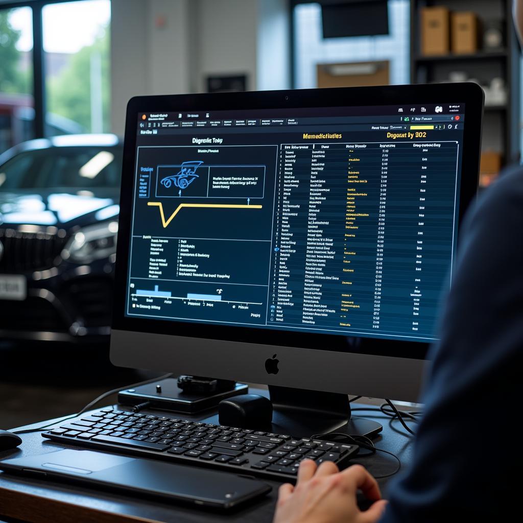 Modern car diagnostics report on a computer screen in a Dorset garage