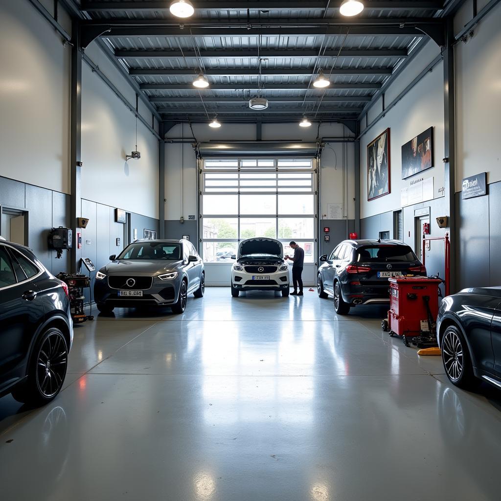 Interior of a well-equipped car diagnostic garage in Dublin