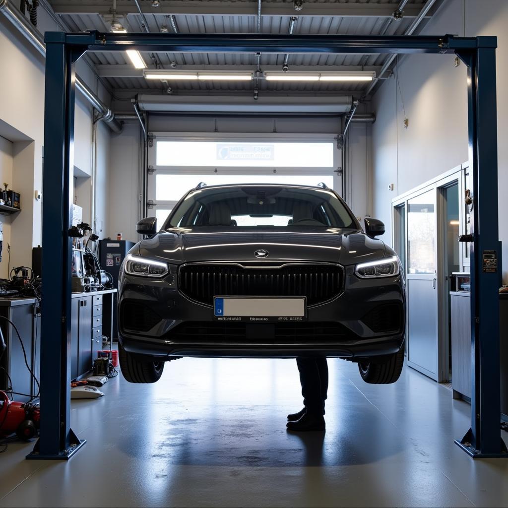 Modern car garage in Peterborough with a car on a lift