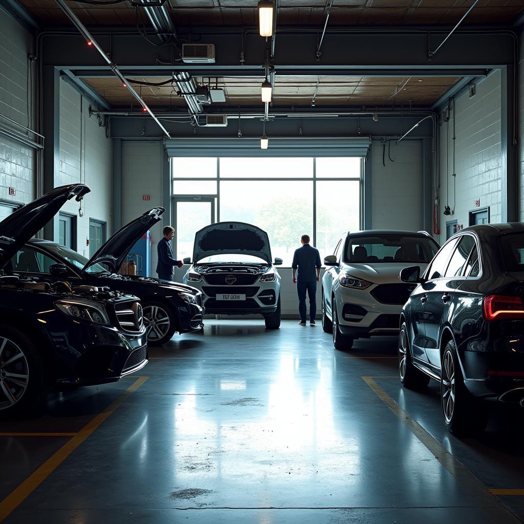 A clean and modern car repair garage with a welcoming atmosphere