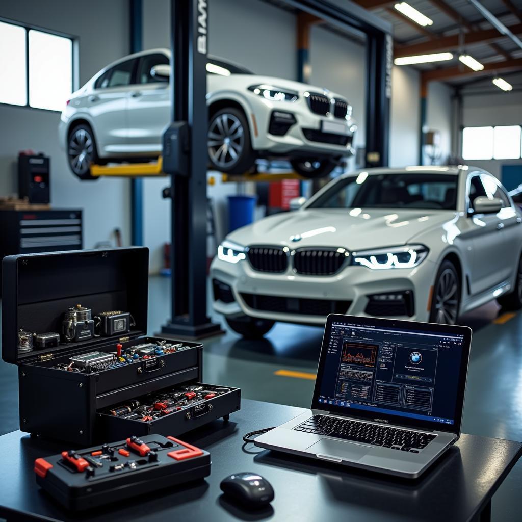 A clean and well-organized car repair shop, equipped with various diagnostic tools, including a laptop displaying BMW diagnostic software, ready to service modern vehicles.