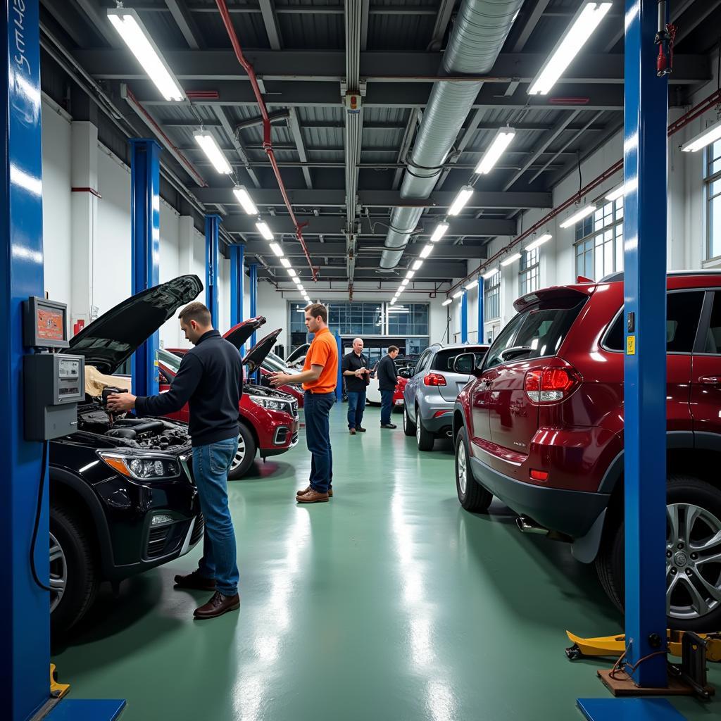 A modern car service center with mechanics working on vehicles