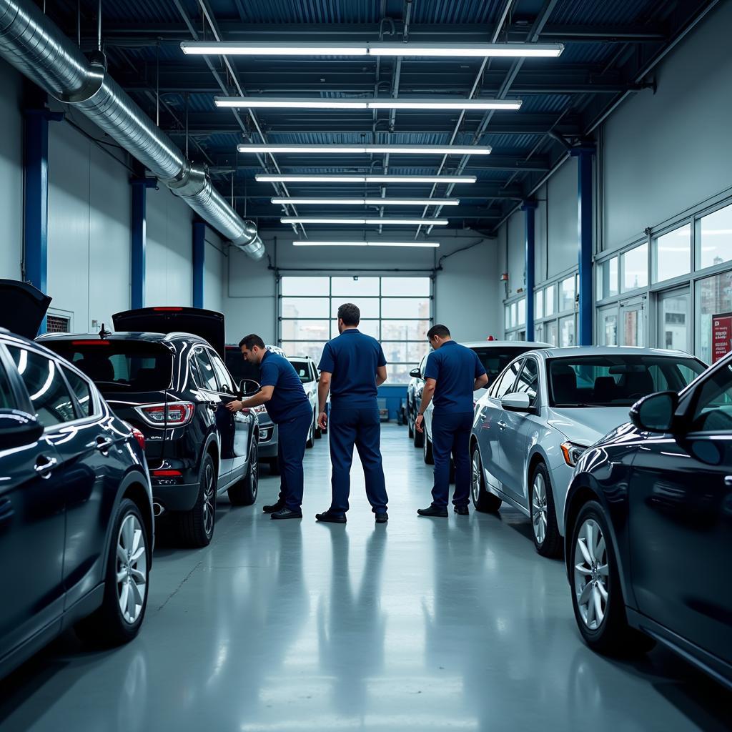 Modern Diagnostic Car Garage with Technicians Working