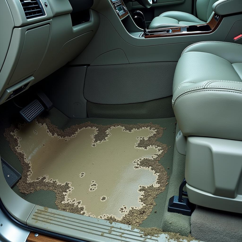  Mold Growth on Car Carpet: A close-up image showcasing visible mold growth on a damp car carpet, often found in footwells. 