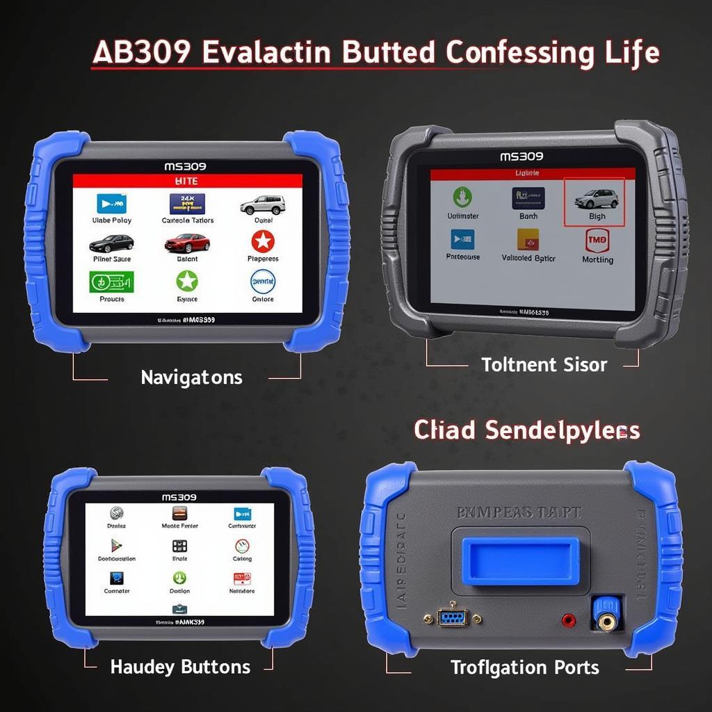 MS309 car diagnostic tool with labeled features