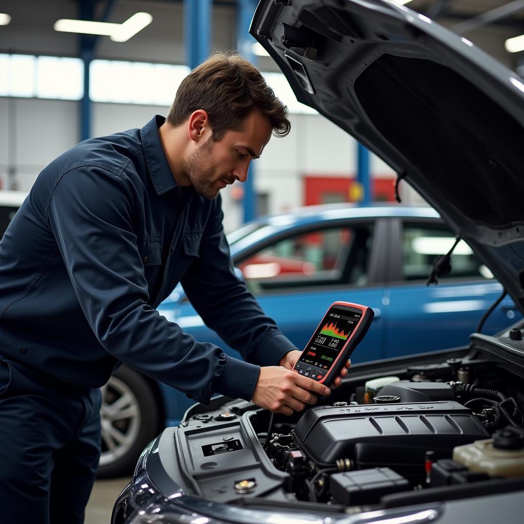 Mechanic using a multi-brand diagnostic tool to diagnose a car engine issue