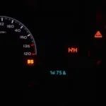 Car dashboard with multiple warning lights illuminated