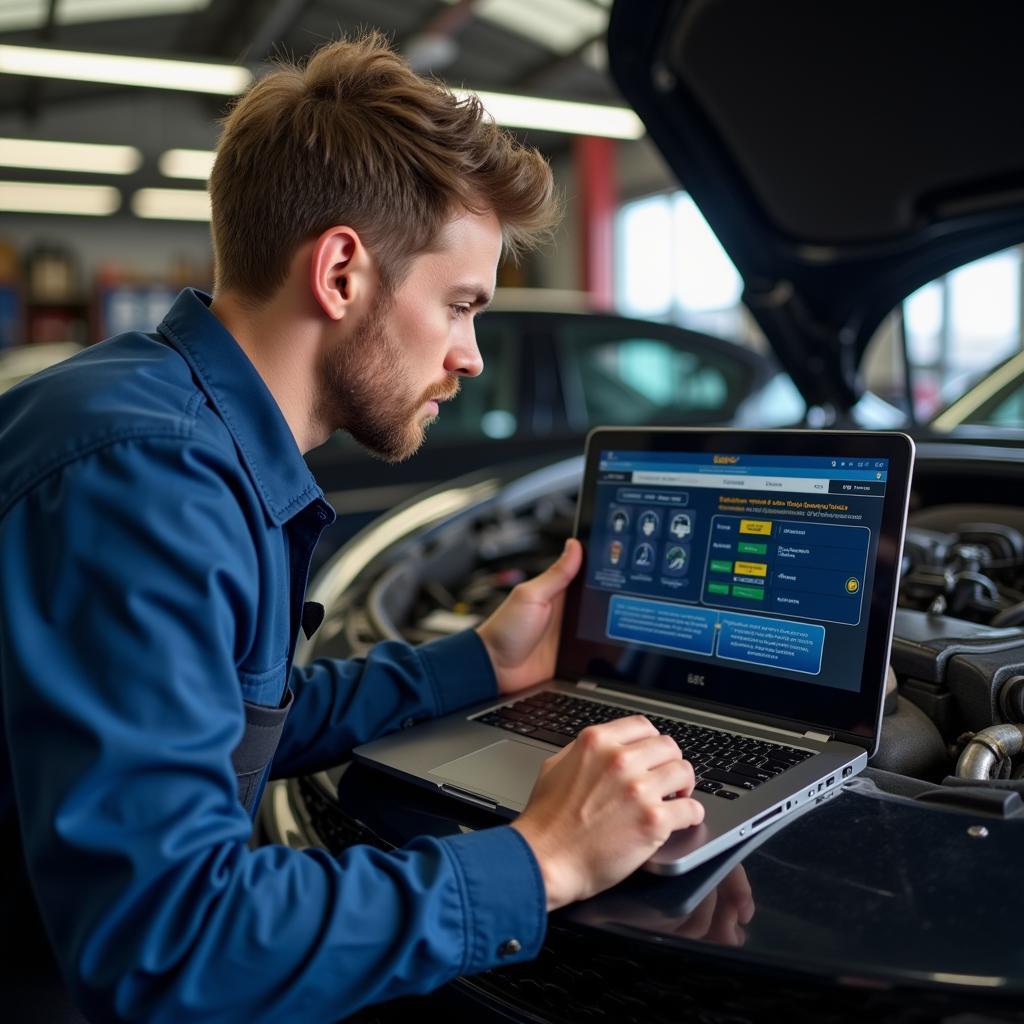 A mechanic in Nottingham reviewing car diagnostic software