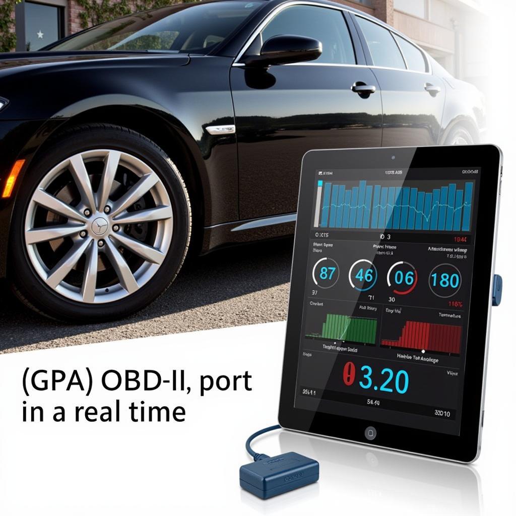 Car with OBD-II adapter connected, displaying real-time data on iPad