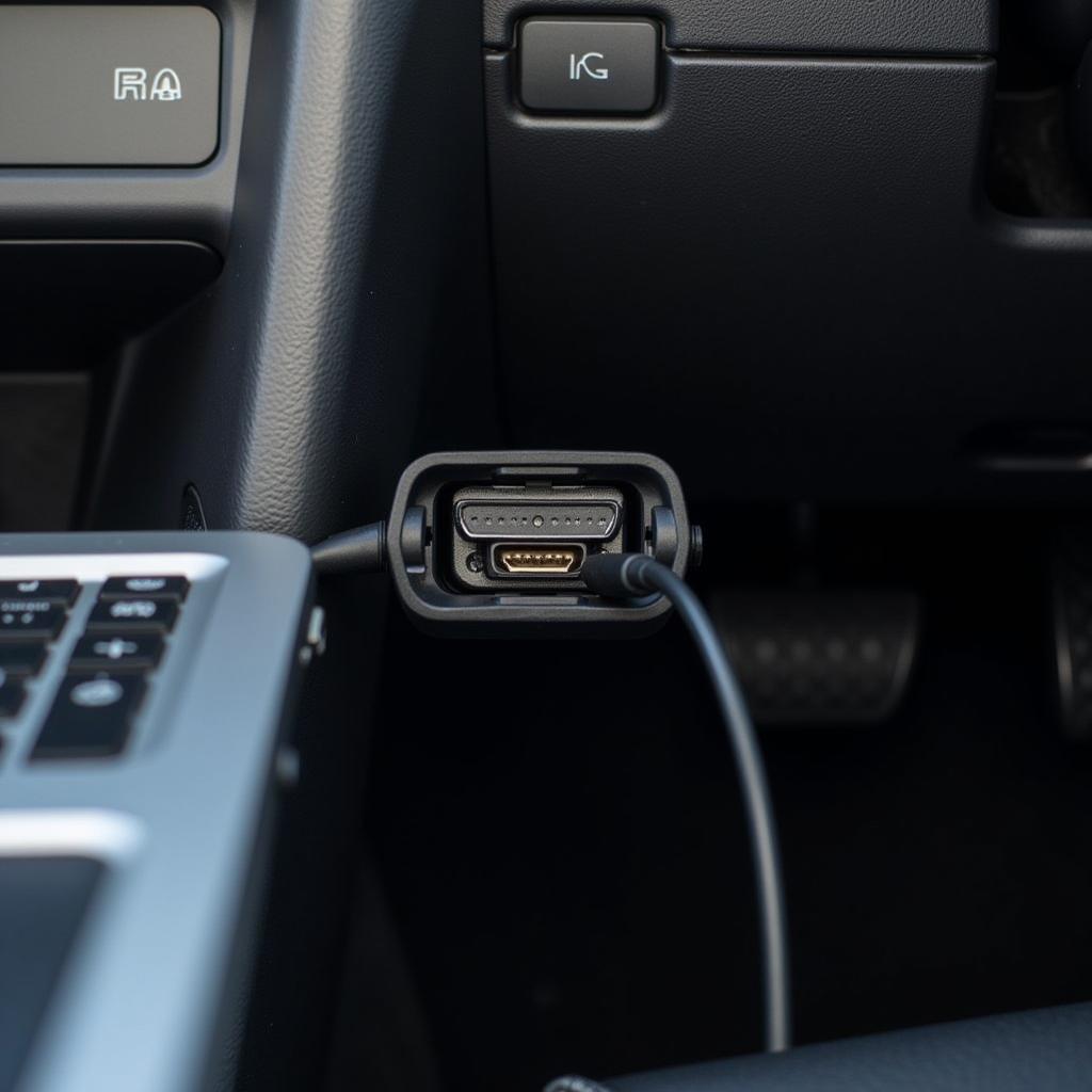 Laptop connected to car's OBD-II port