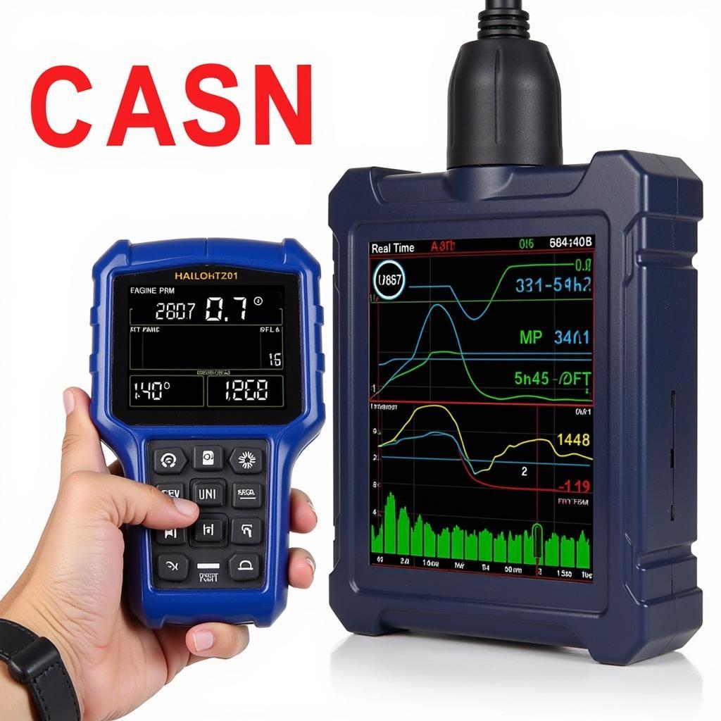 A modern OBD-II scanner plugged into a car's OBD-II port.