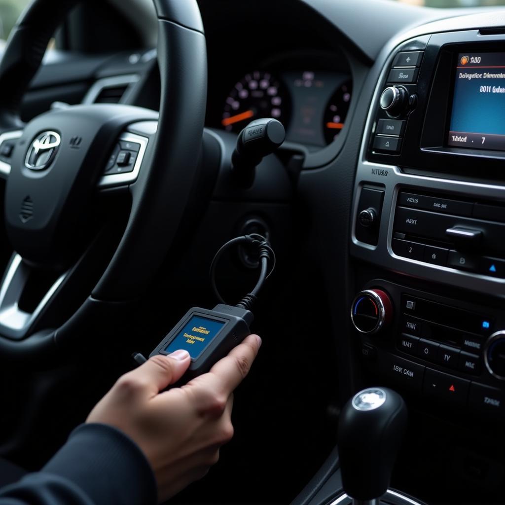 OBD-II scanner plugged into a car's diagnostic port