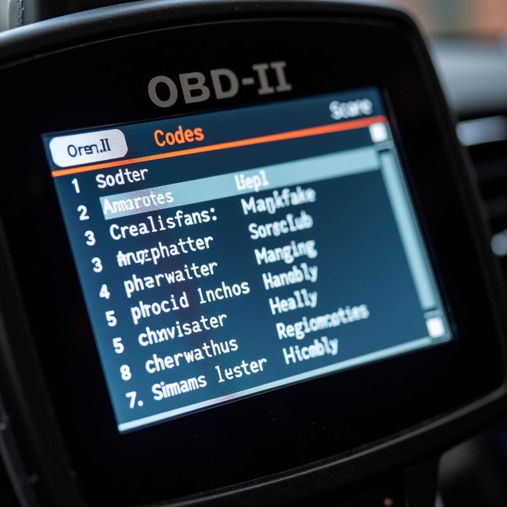 OBD-II scanner displaying diagnostic trouble codes