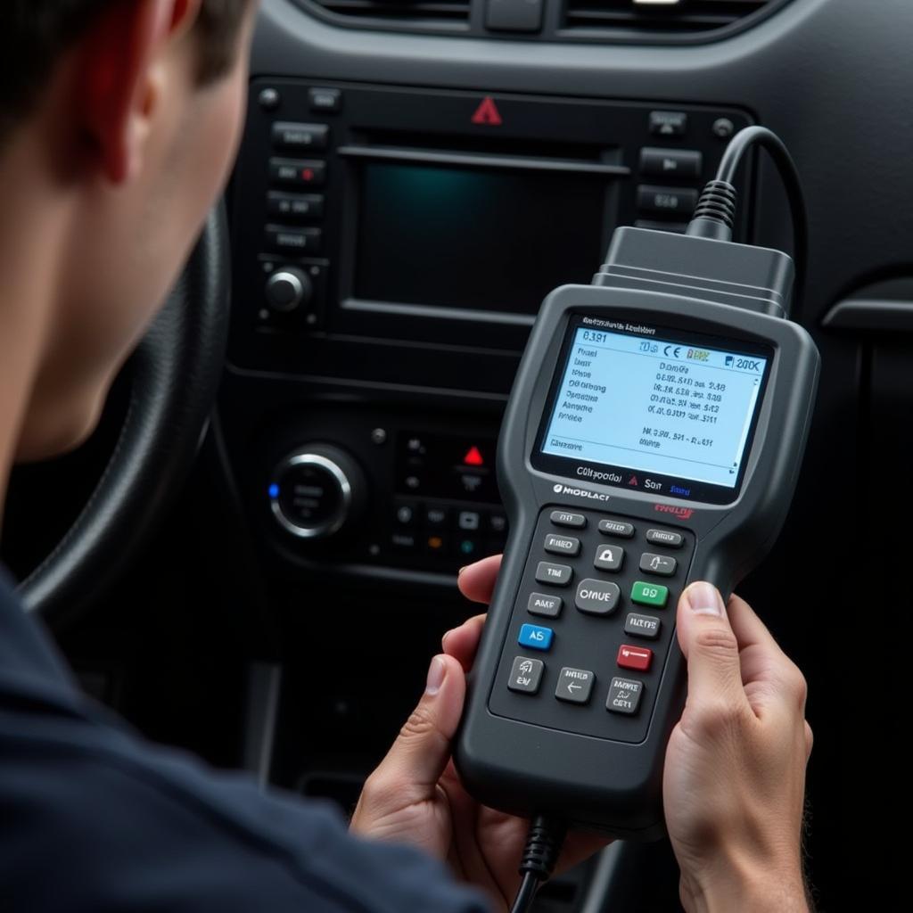 Retrieving Diagnostic Trouble Codes: A close-up shot of an OBD-II scanner plugged into a car's diagnostic port, displaying a DTC related to a sensor malfunction.