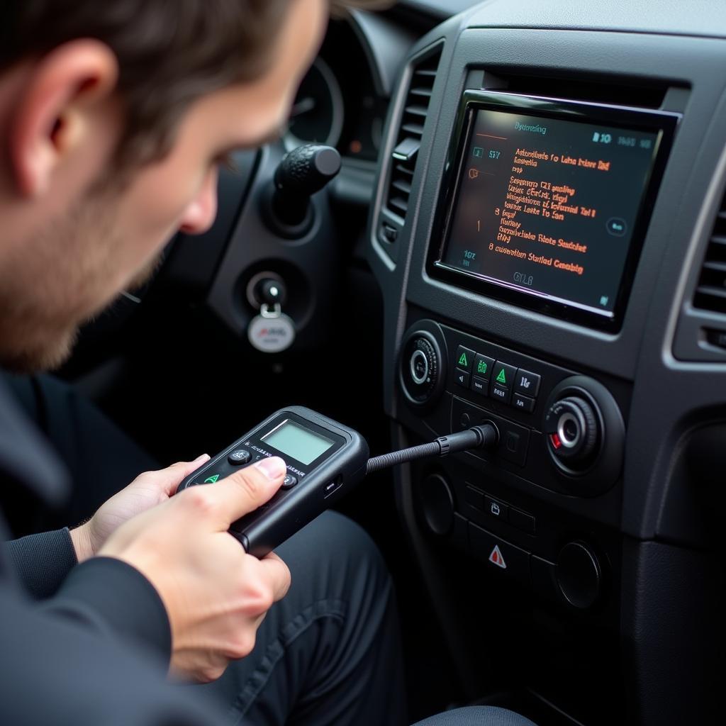 Mechanic using an OBD-II scanner on a car