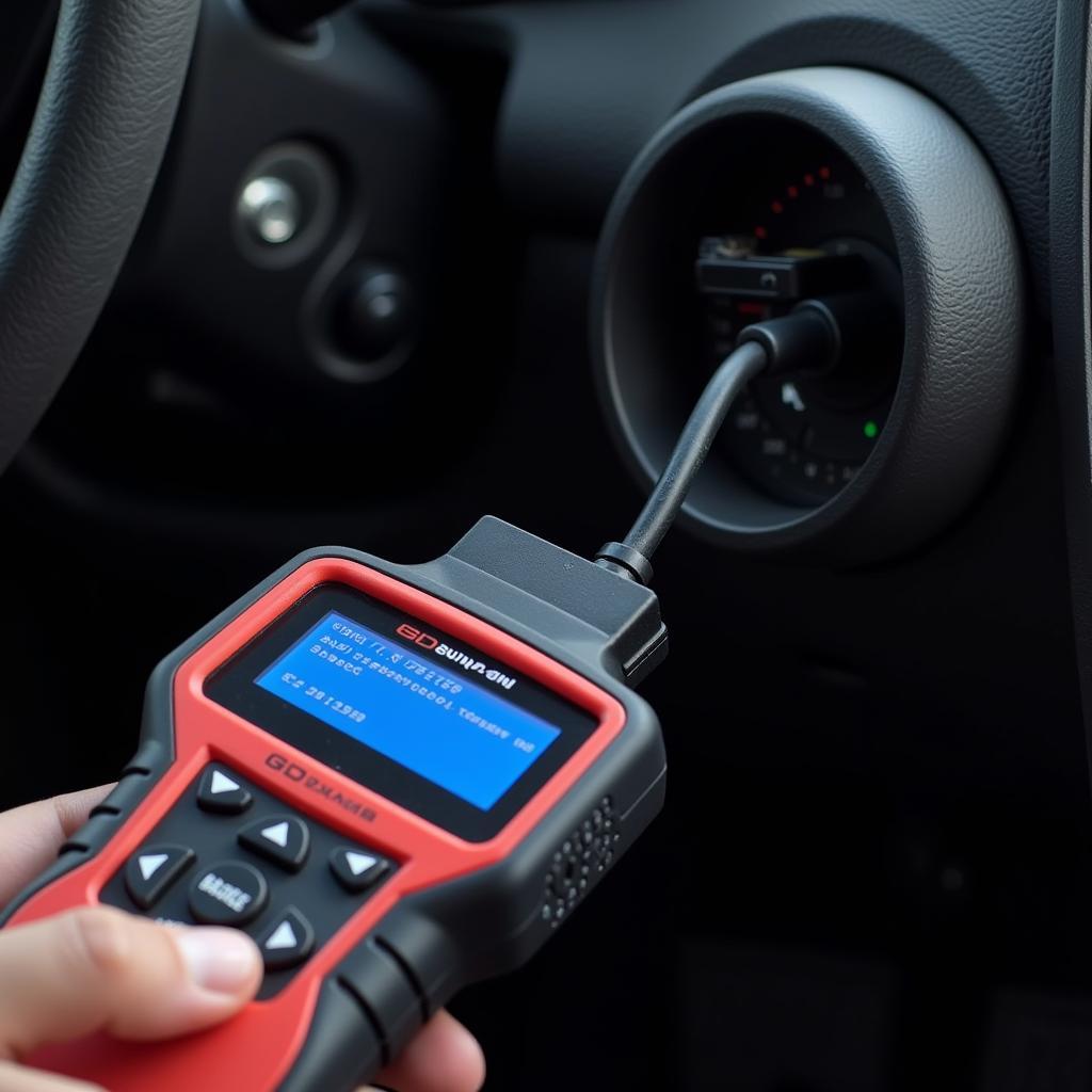 OBD2 code reader connected to a car's OBD2 port