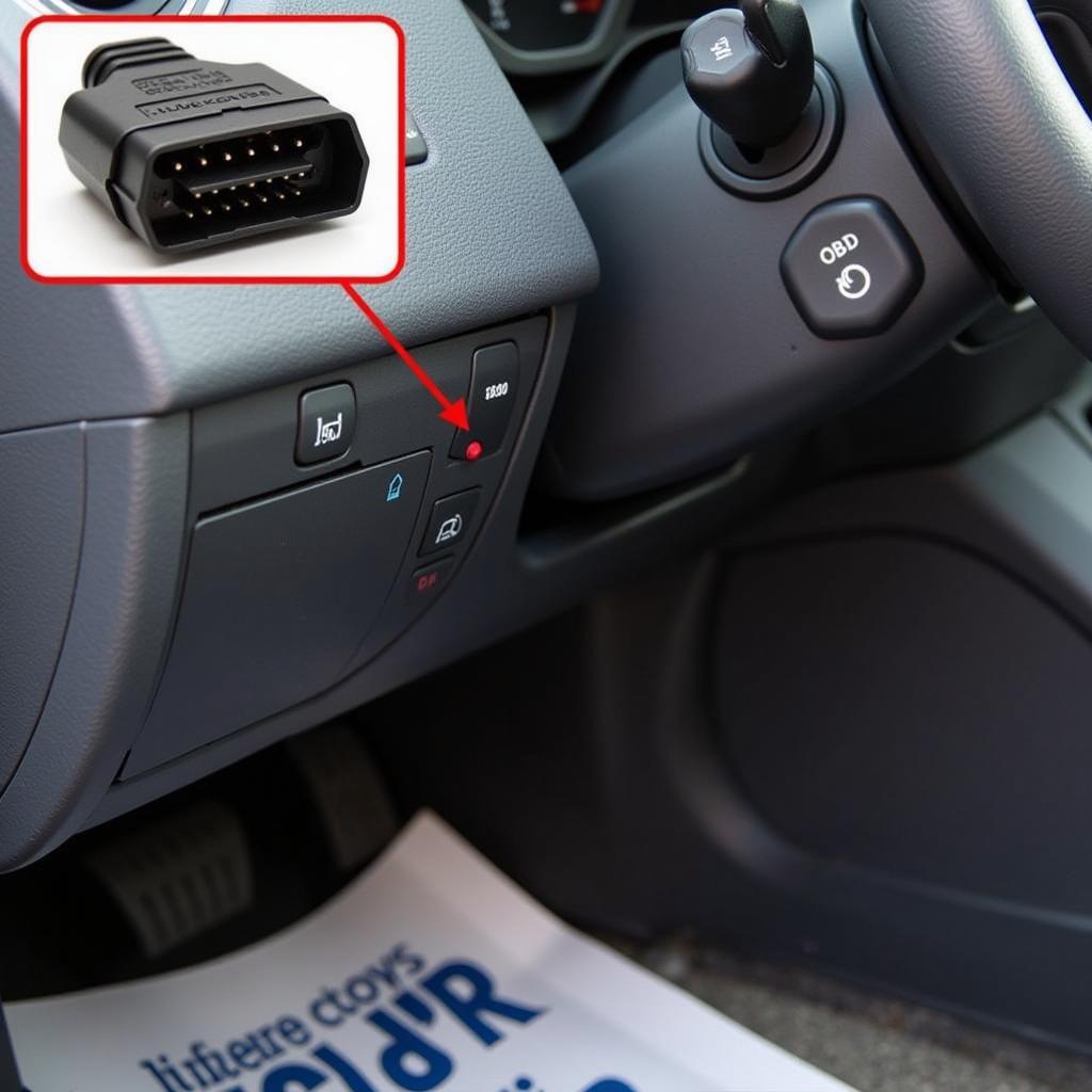 OBD2 port location under the dashboard of a car