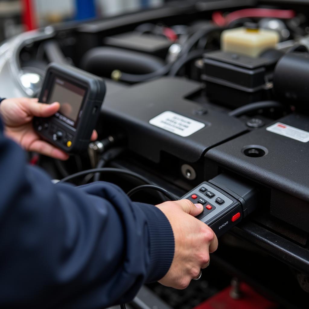 Mechanic connecting OBD2 scanner for car diagnostic test