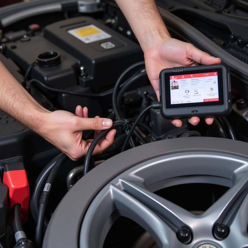 OBD-II scanner connected to a car's OBD-II port