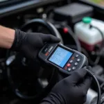 Mechanic using OBD2 scanner on a car