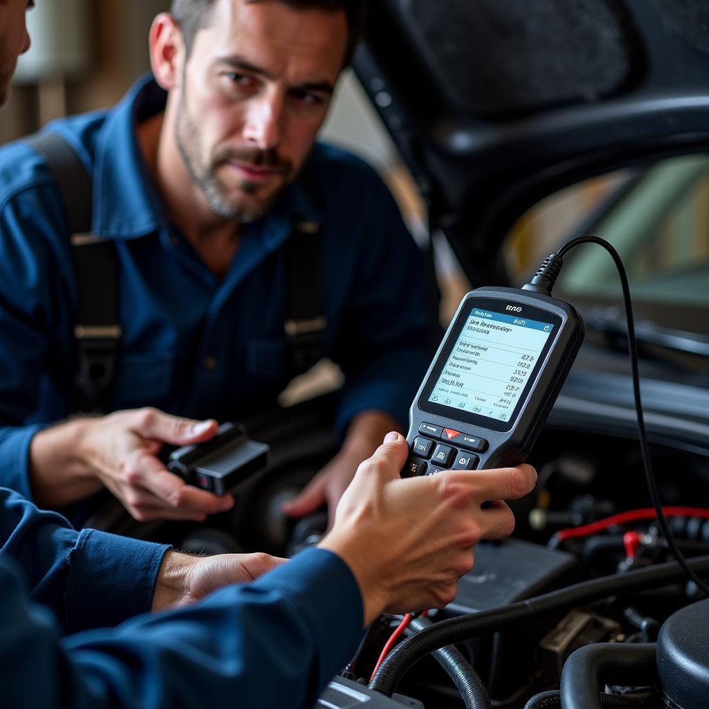 Mechanic using an OBD2 scanner on a car