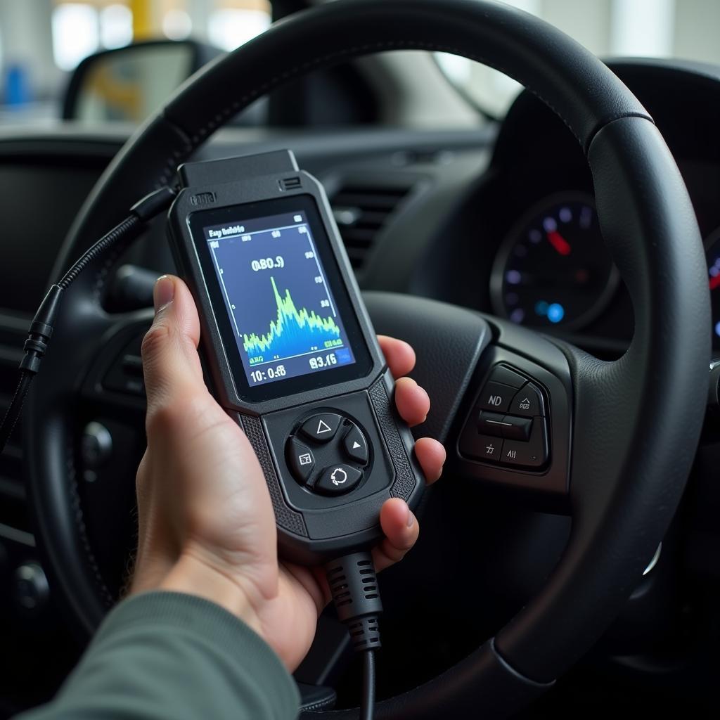 OBD2 Scanner displaying live sensor data on its screen.