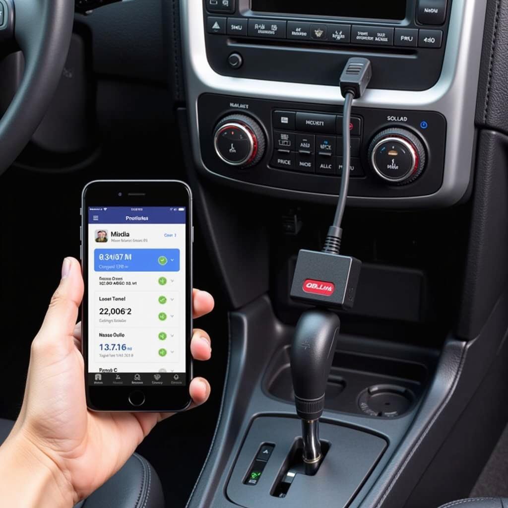 OBDLink MX+ plugged into a car's OBD2 port, an iPhone displaying diagnostic data