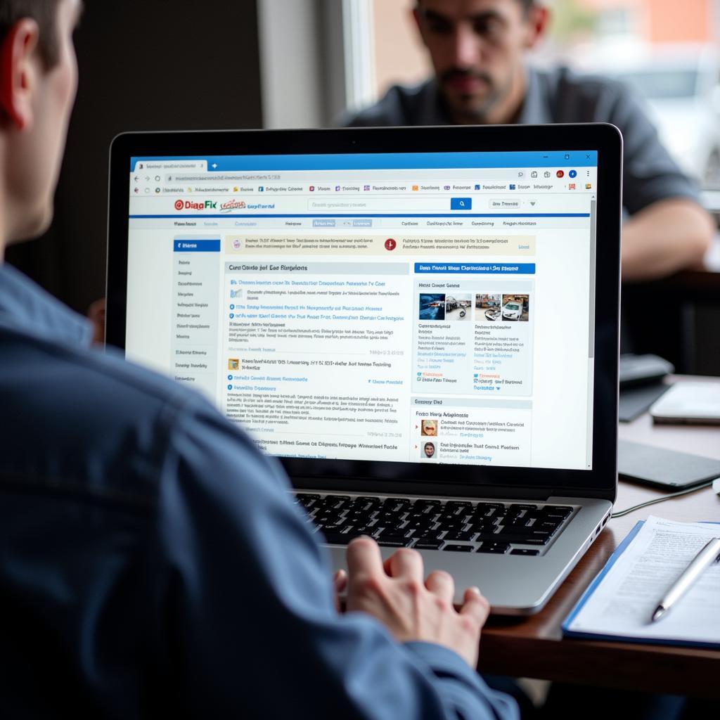 Various online resources for car diagnostic help displayed on a laptop screen