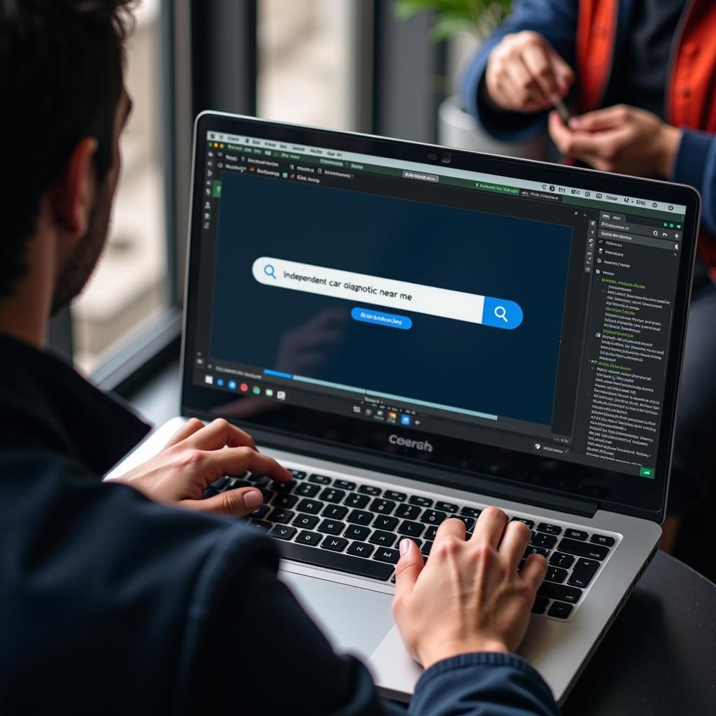Searching for "Independent Car Diagnostic Near Me" on a Laptop