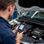 Mechanic using Opticom diagnostic tool to troubleshoot a car engine