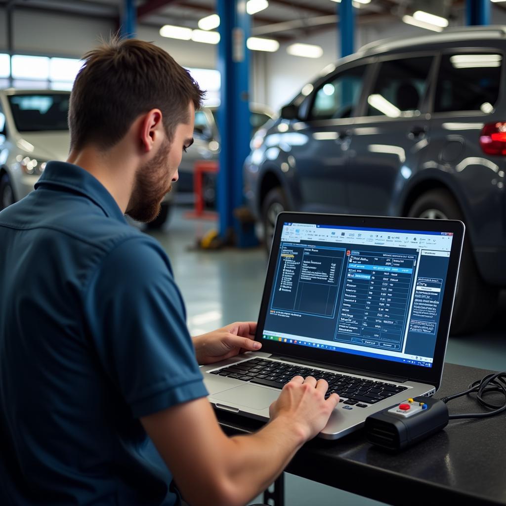 Mechanic using PC based car diagnostic software