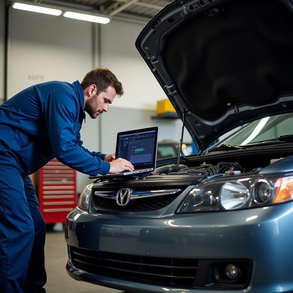 Mechanic using PC car diagnostic software