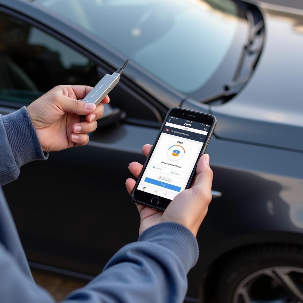 A person holding FIXD and a phone with the FIXD app open, standing next to a car.