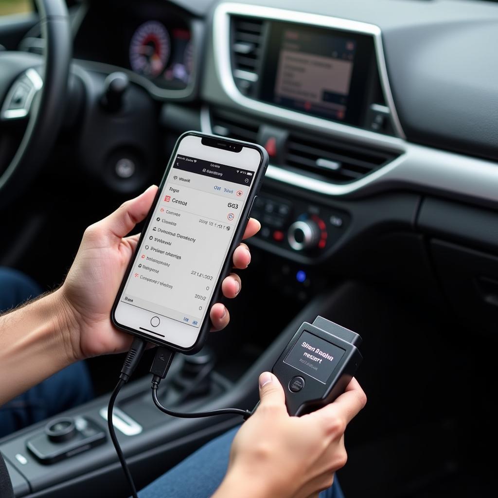 A person using an OBD-II scanner connected to their smartphone to access a car diagnostic report