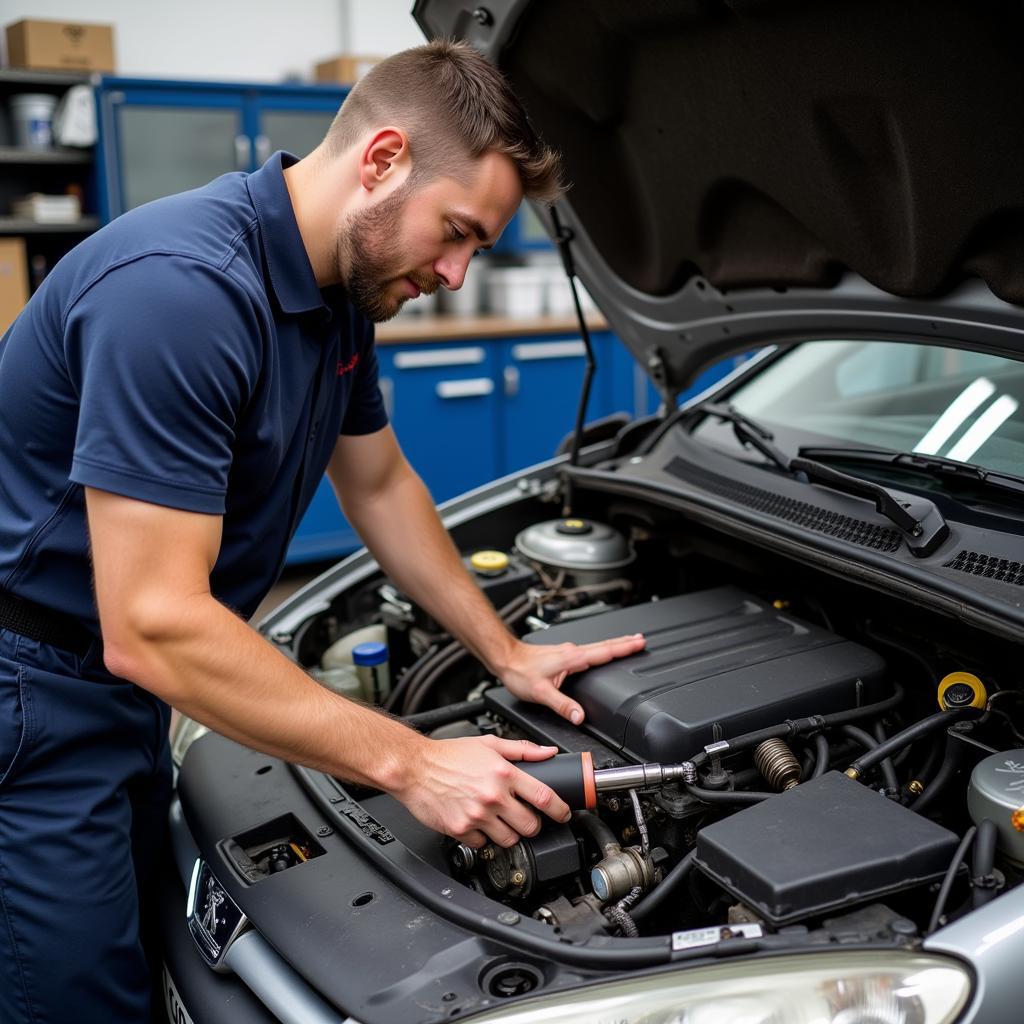 Mechanic working on the engine of a Peugeot 206 in a garage