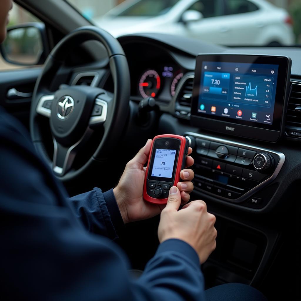 Mechanic in Plymouth analyzing car diagnostic data