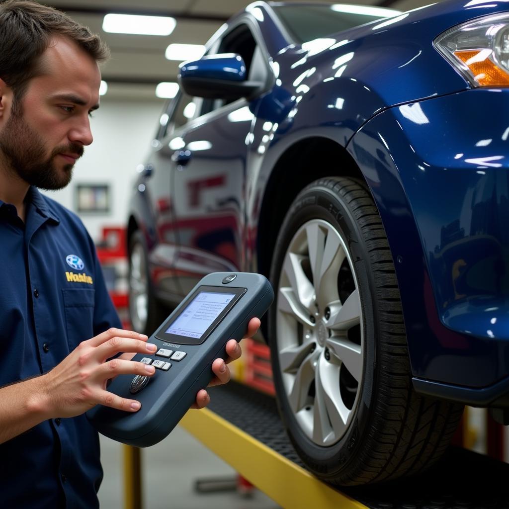 Technician using a point-to-point measuring tool on a car