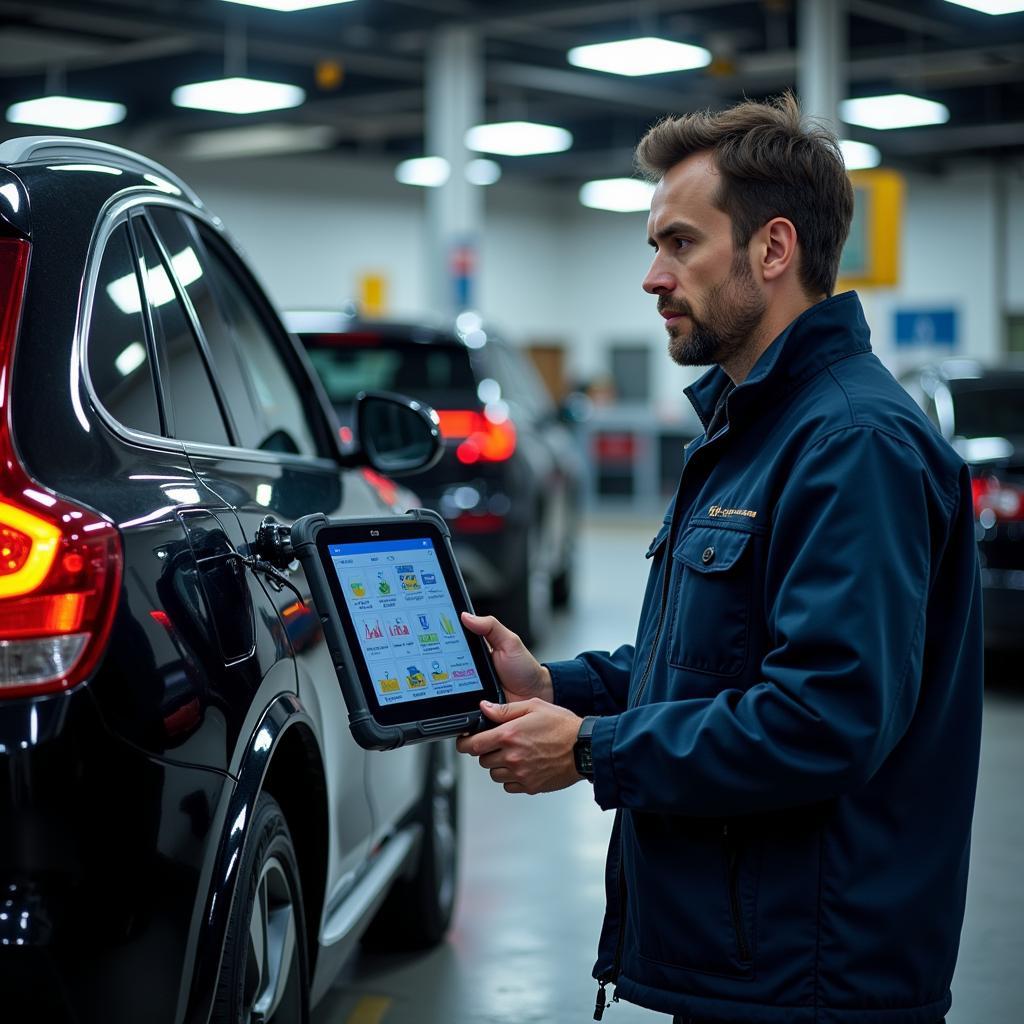 Mechanic Using a Portable Car Diagnostic Machine