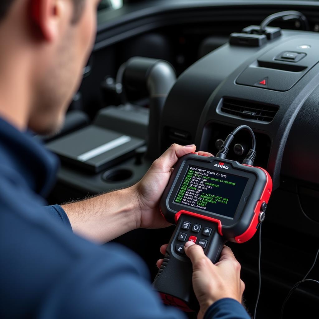 Mechanic using a portable car diagnostic scanner on a car