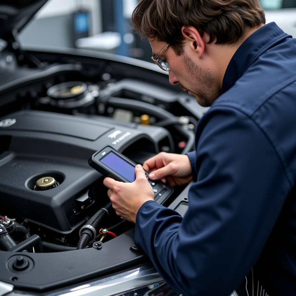 Experienced technician performing diagnostics on a prestige car in Wiltshire