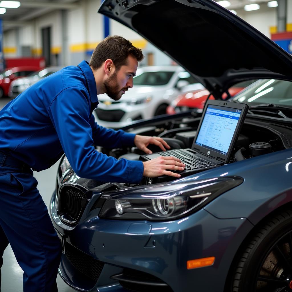 Mechanic using a professional car diagnostic computer