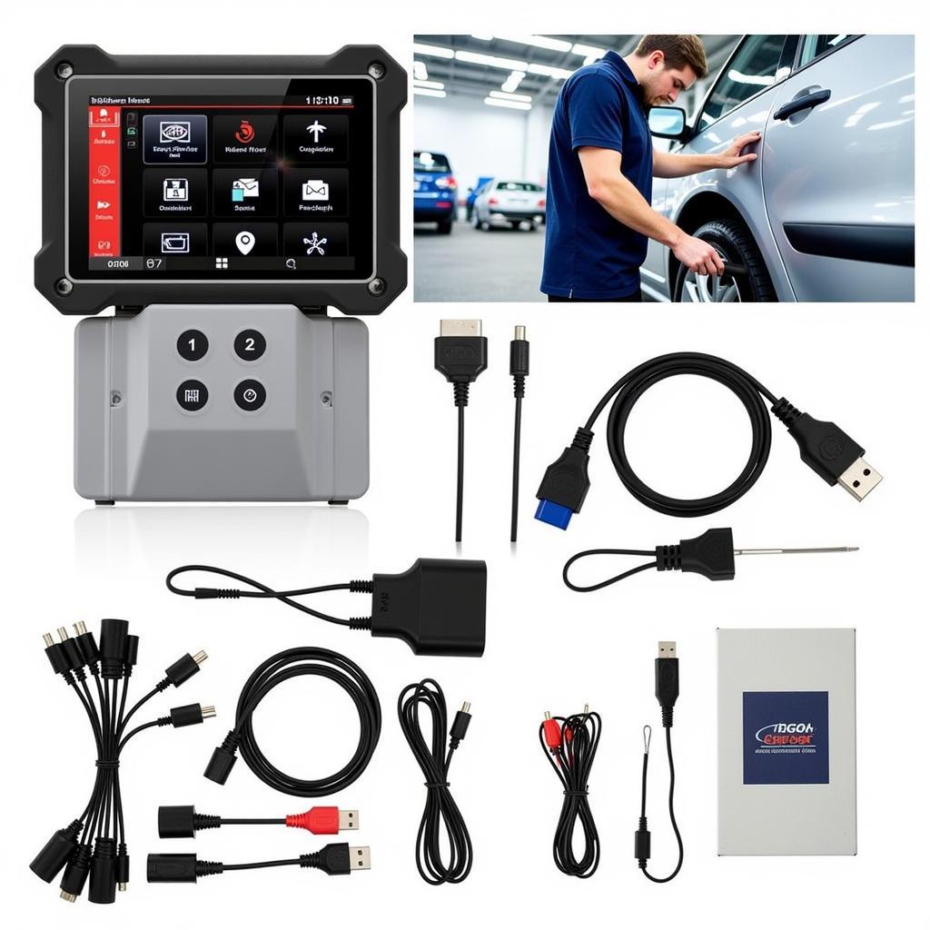 Modern car diagnostic kit with various features and connectors