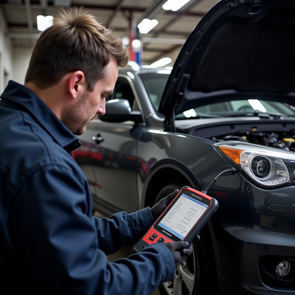 Mechanic using a professional car diagnostic programming tool