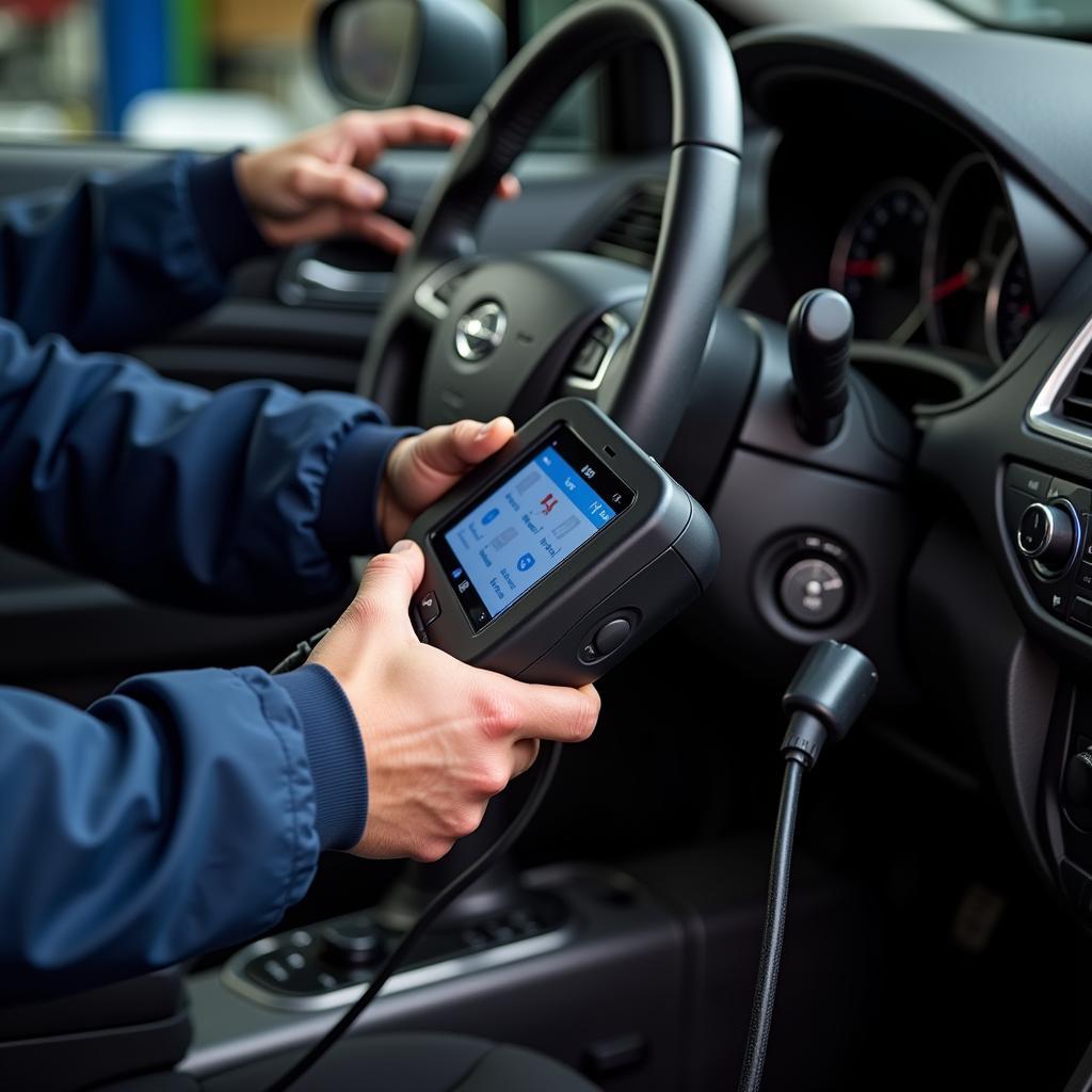 A professional mechanic using a car diagnostic scanner