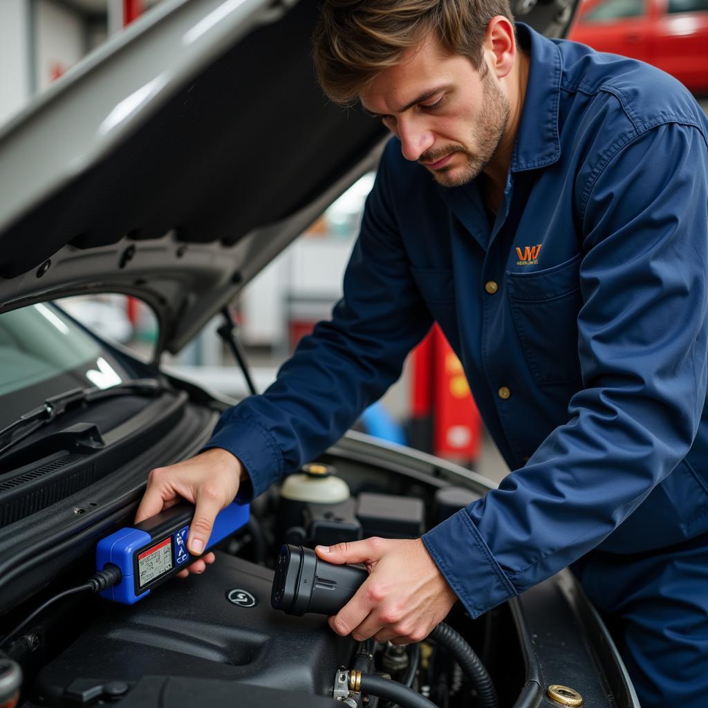 Professional Mechanic Using a Car Diagnostic Scanner