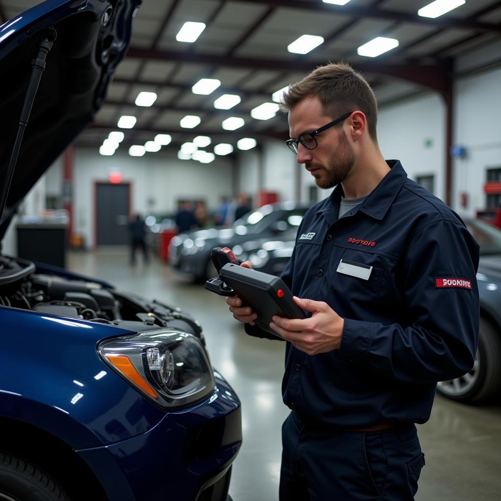 A professional mechanic using a diagnostic scanner