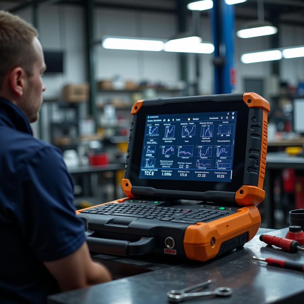 Professional car diagnostic scanner in a workshop