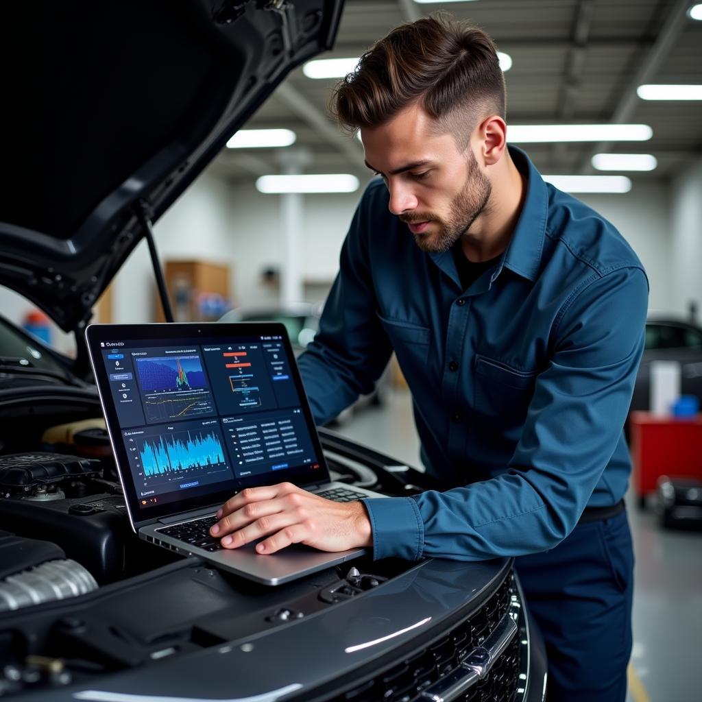 Mechanic using professional car diagnostic software on laptop